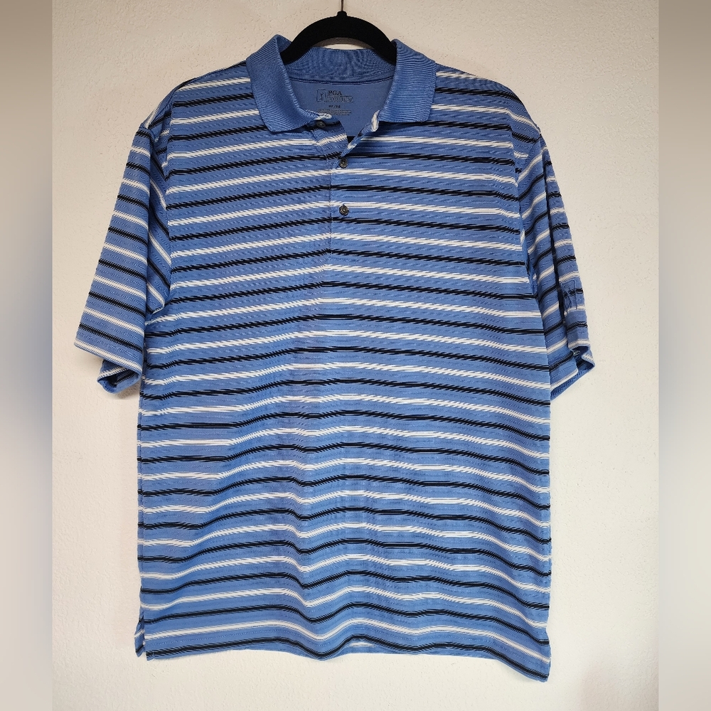 PGA Tour Polo Shirt Medium Blue Striped Short Sleeve 100% Polyester Lightweight